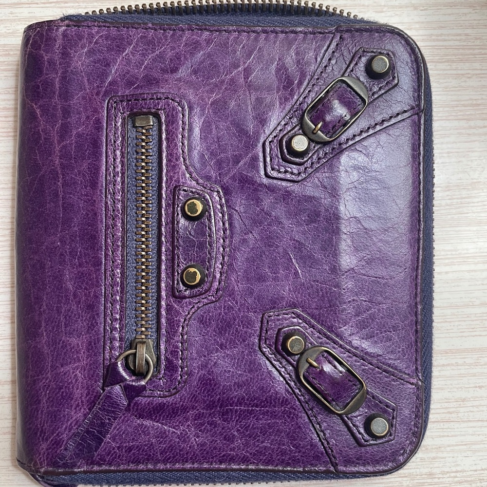 Balenciaga purple chevre leather motorcycle compact wallet
